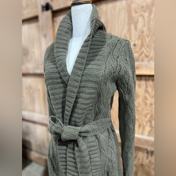 Halogen Cashmere Wool Crocheted Knit Wrap Cardigan – Olive Green Shawl Collar L - Picture 2 of 16